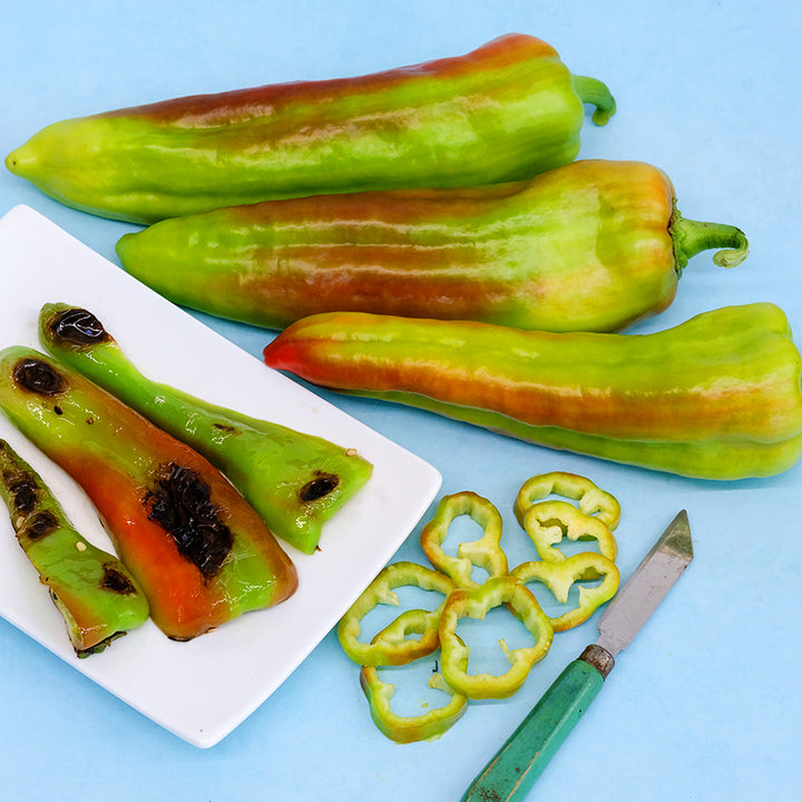 Three Giant Aconcagua Sweet Peppers with grilled peppers and slices on light blue background.
