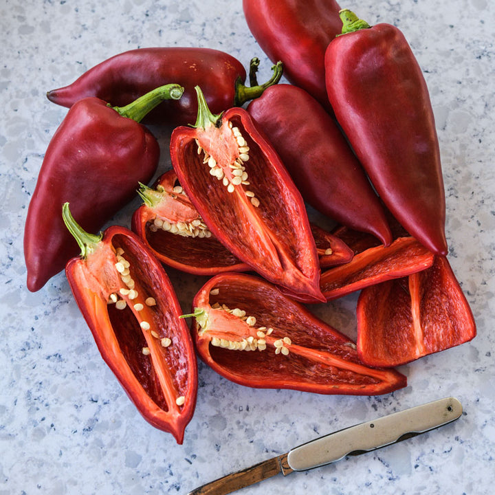 Ajvarski Sweet Peppers whole and sliced on a stone background.