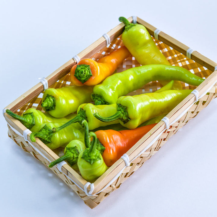 Several Banana Sweet Peppers in shades of green, orange, and yellow in a square basket on a white background.