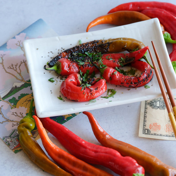 Manganji Sweet Pepper roasted on a plate with Japanese decor on a white background.