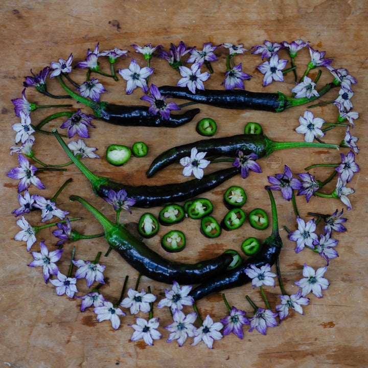 Murasaki flowers surround several Murasaki Purple Sweet Peppers and slices on a wooden background.