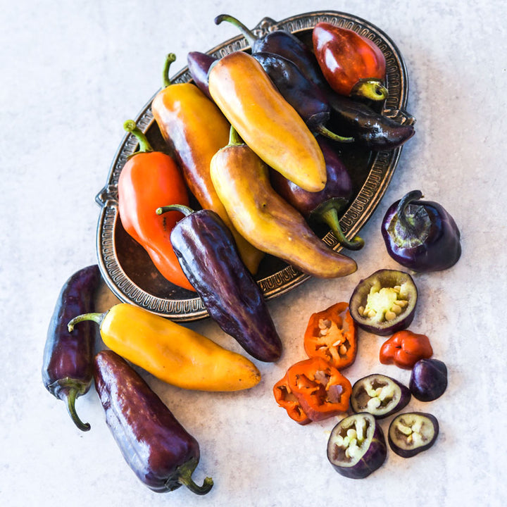 Several Pippins Golden Honey Sweet Peppers are golden yellow and red shades on a metal plate with more whole and sliced peppers on the side.