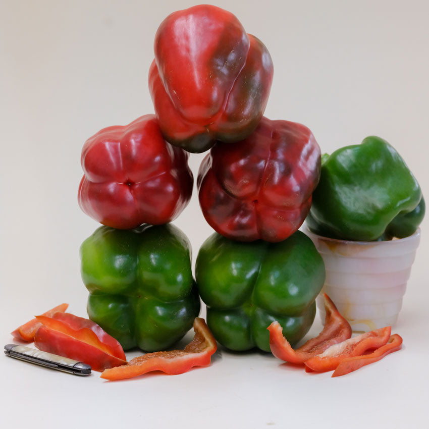 A pile of Bullnose Peppers, both green and red, with pepper slices on a white background.