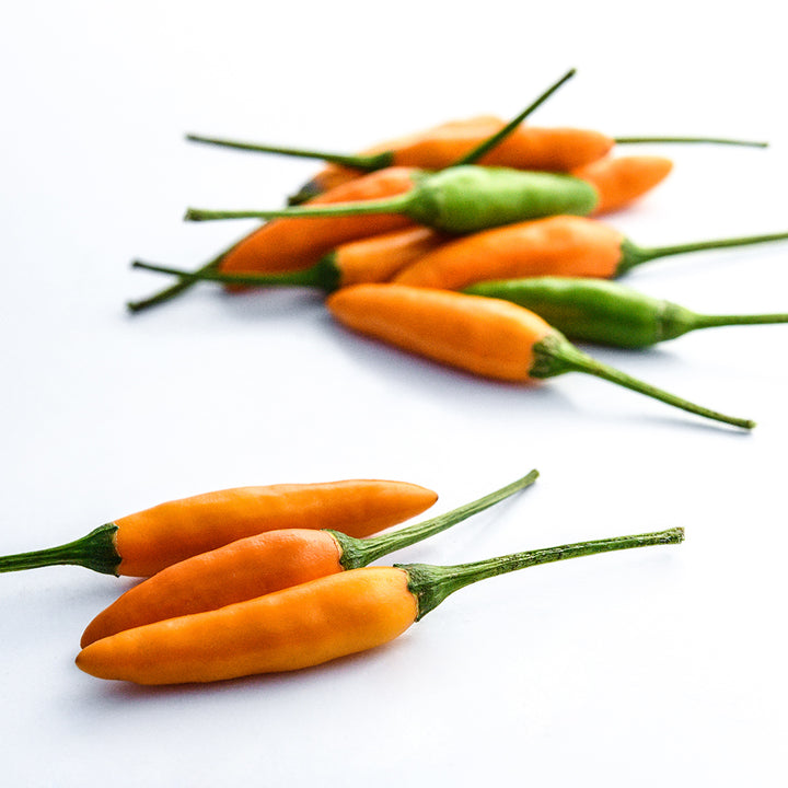 Two piles of Yellow Piquin Peppers with the peppers in the foreground in tight focus.