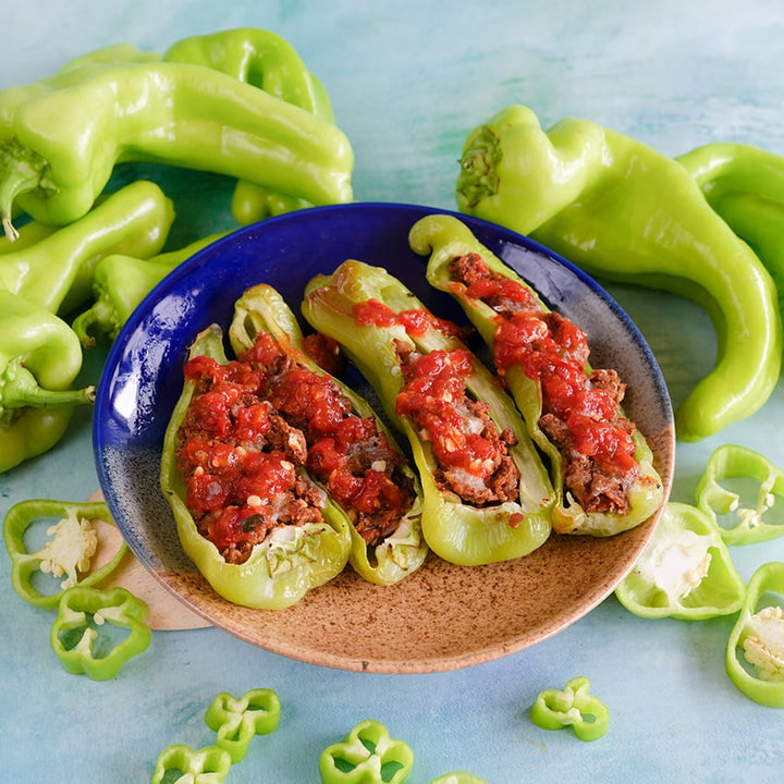 Cubanelle Peppers stuffed on two tone plate.
