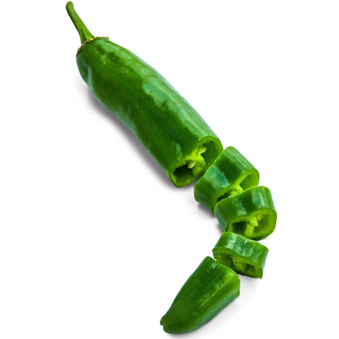 Single Anaheim Hot Pepper cut into slices on a white background.