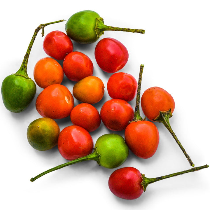 Pile of Chiltepin Wild Chile Hot Peppers on a white background.