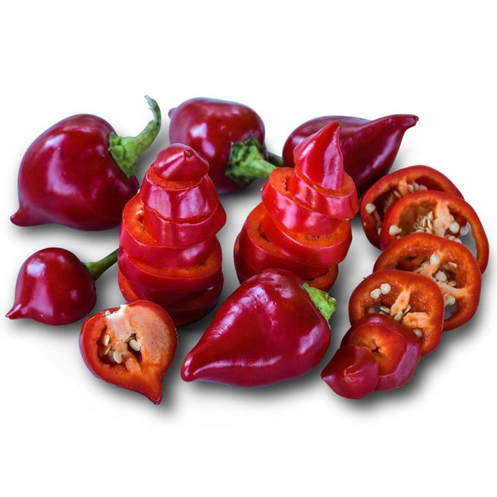Kalugeritsa Peppers sliced on a white background.