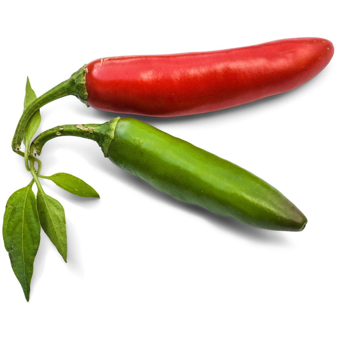 Pair of Serrano Tampiqueno hot peppers on a white background.