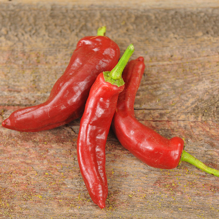 Three Tunisian Baklouti Peppers on wooden countertop.