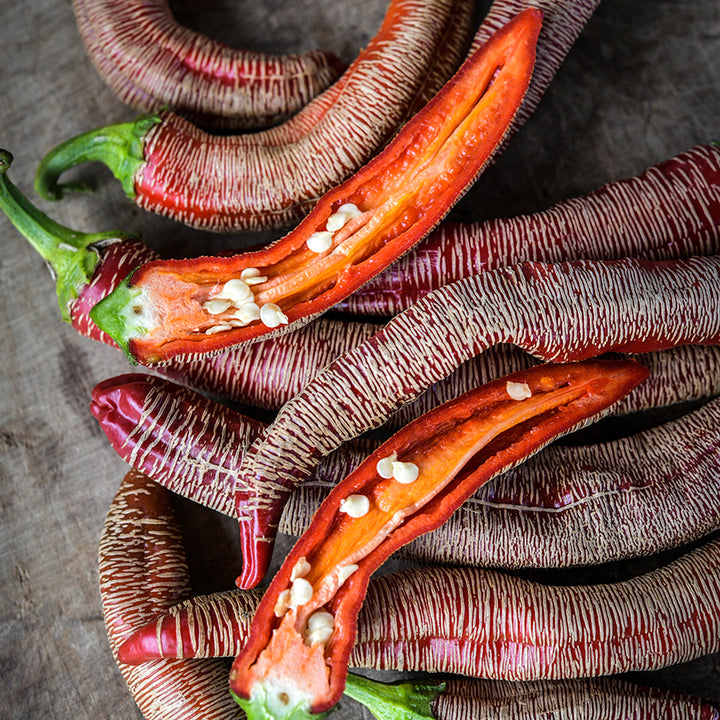 Rezha Macedonian Peppers, sliced exposing ribs and seeds.