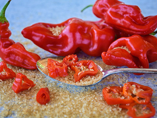 Sugar Rush Red Hot Pepper with sugar on a light background.