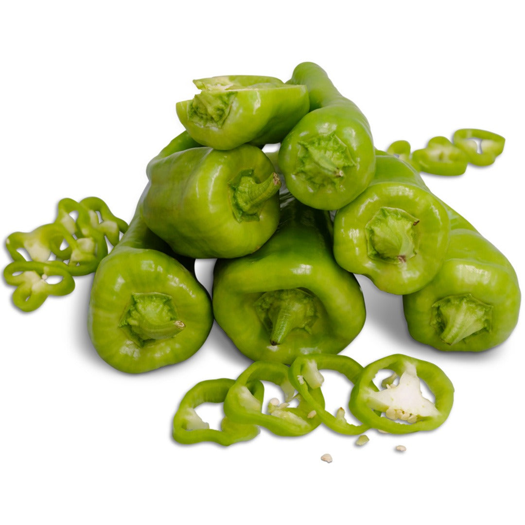 Cubanelle Sweet Peppers on a white background.