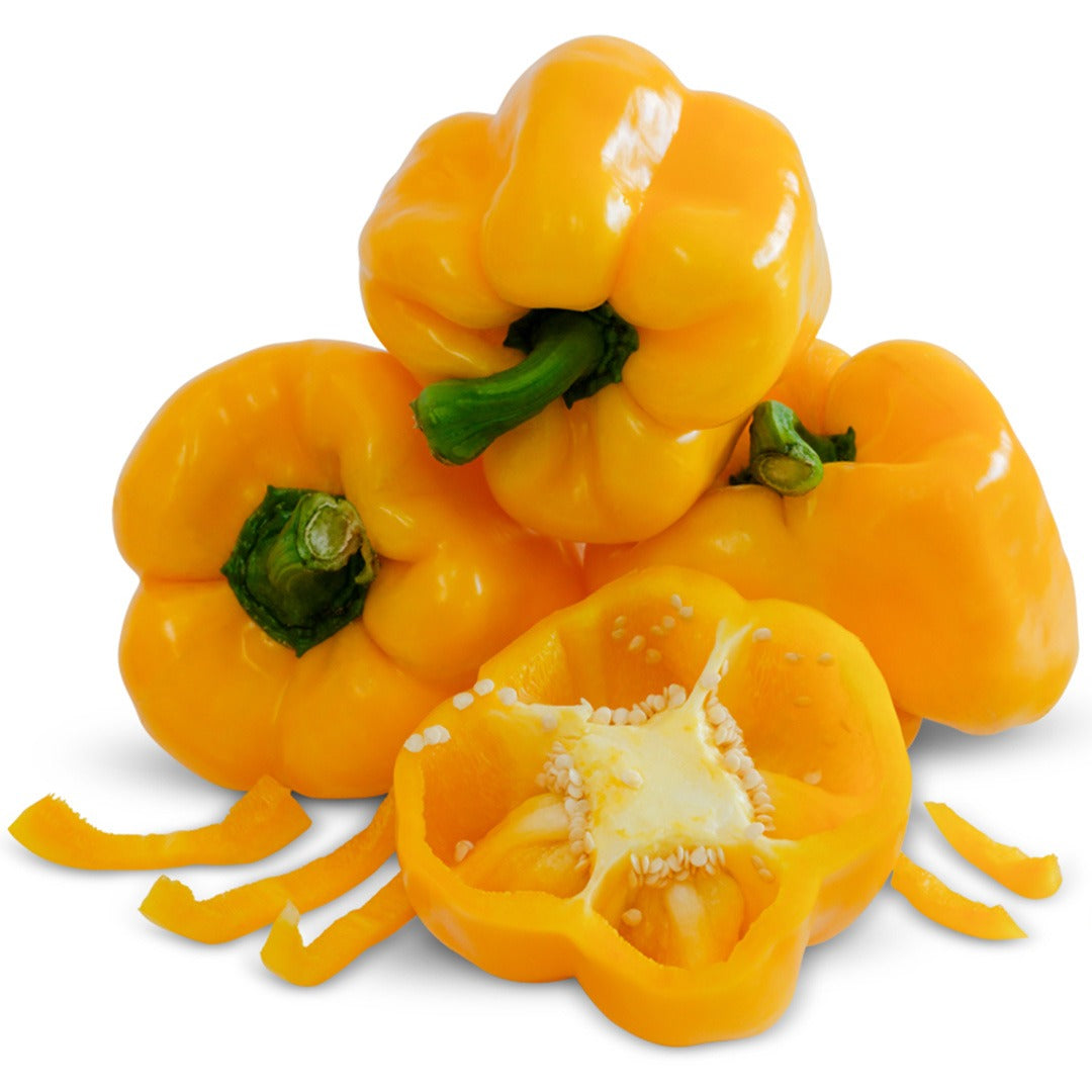 Cut and whole Goldenmane Lion Sweet Peppers on a white background.