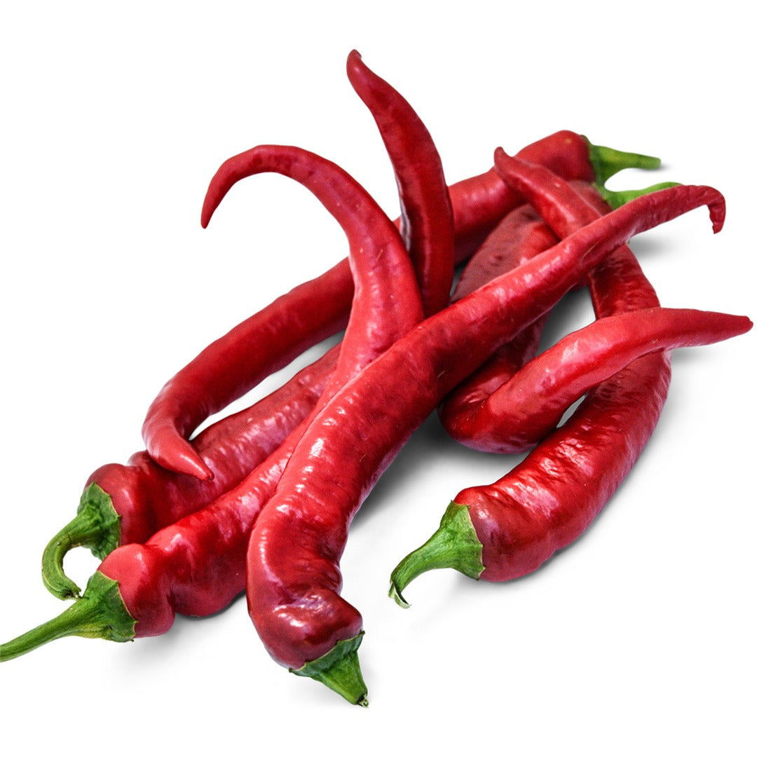 Several Manganji Sweet Peppers on a white background.