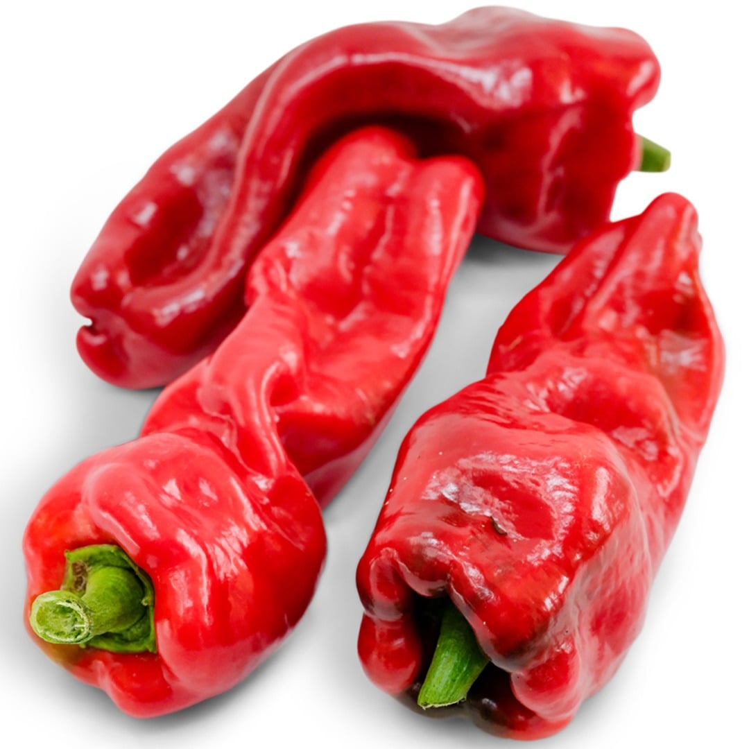 Trio of Melrose Sweet Peppers on a white background.