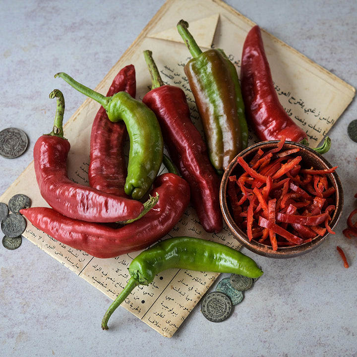 Tunisian Baklouti Peppers on parchment with coins for size reference.