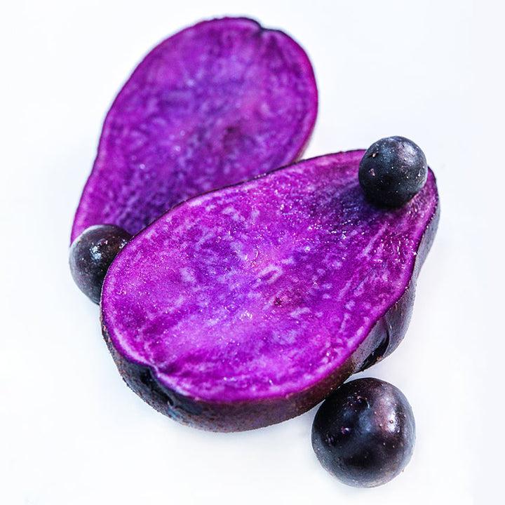A halved mature Adirondack Blue Potato with micro tuber potatoes on a white background.