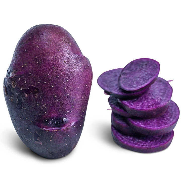 Whole adirondack blue potato next to potato slices on a white background