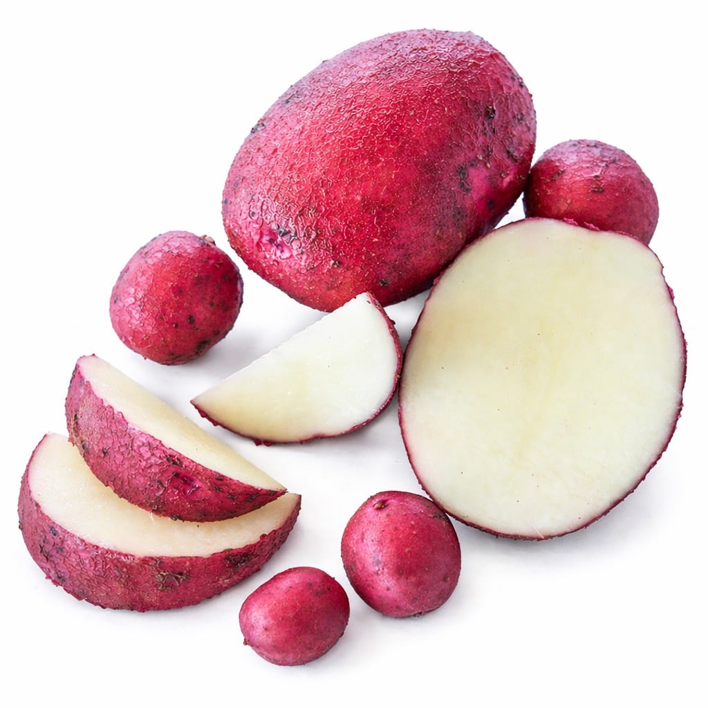 Cut and whole Sangre Potatoes grown from Micro Tubers with Micro Tubers on a white background.