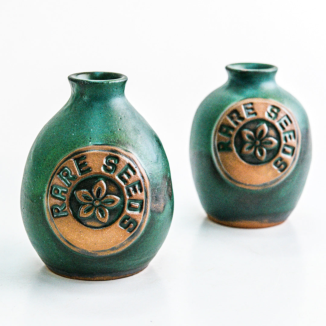 A duo of Handmade Stoneware Pottery Vases with a rareseeds logos on the vases on bright white.
