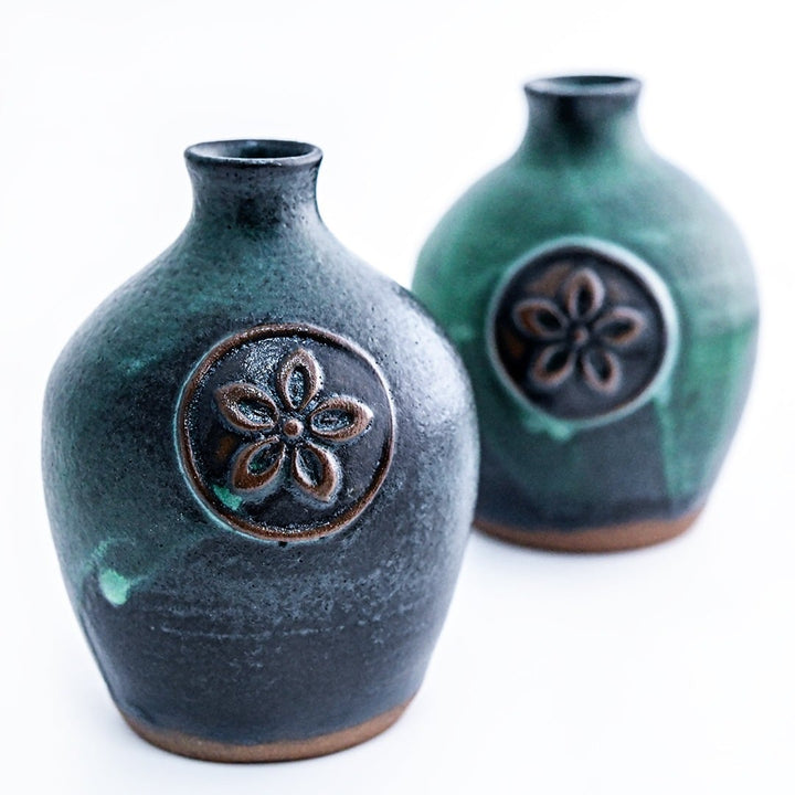 A pair of Handmade Mini Stoneware Bud Vases arranged on a white background.