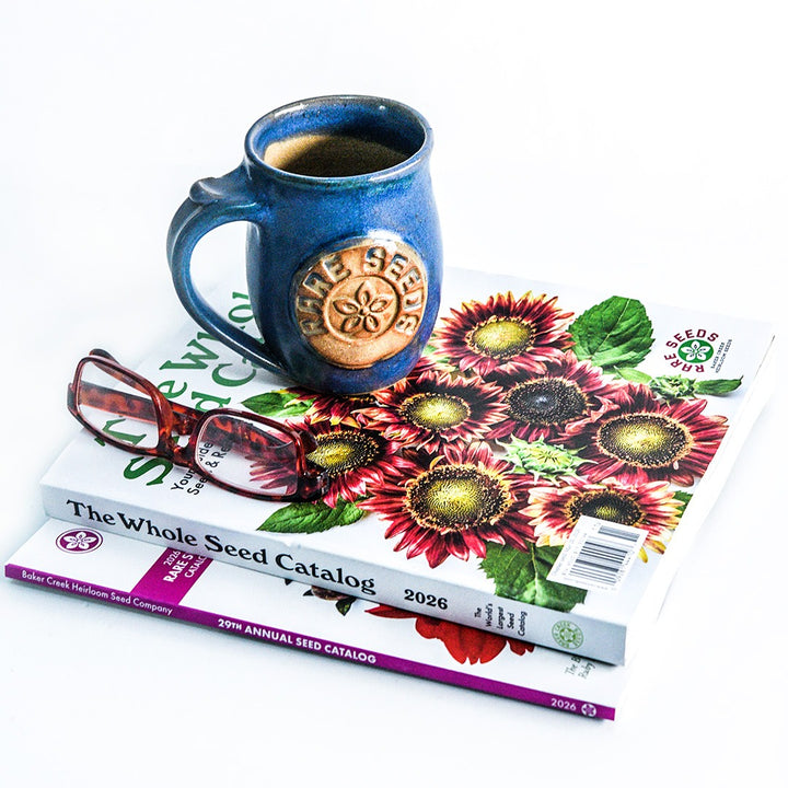 Handmade Local Mug Blue/Grey Pottery pairs perfectly with Baker Creek Catalogs on white.