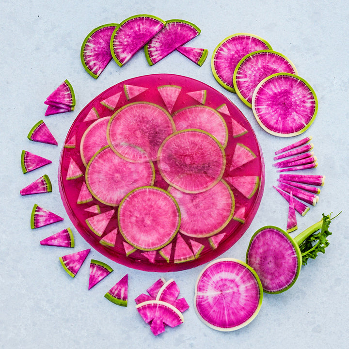 Chinese Red Meat Radish Jello mold on a light background.