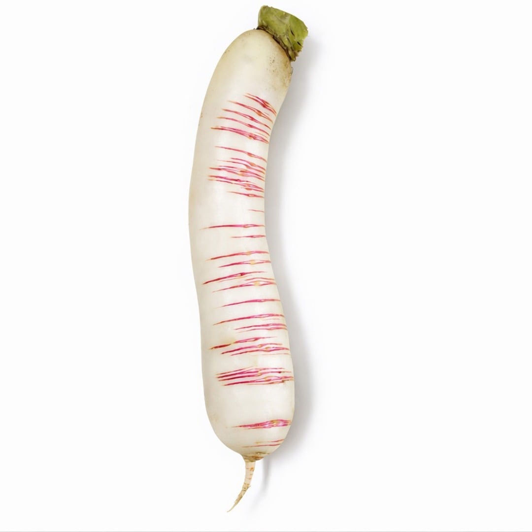 Single Akasuji Radish on a white background.