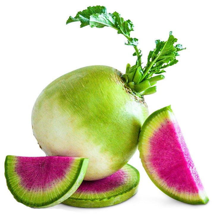 Whole and sliced Chinese Red Meat Radishes on a white background.