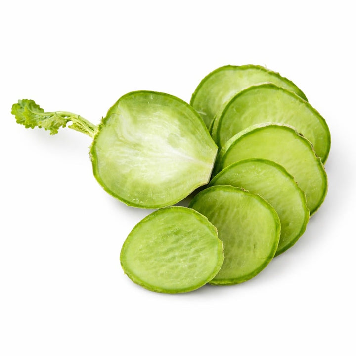Sliced Japanese Wasabi Radish on a white background.