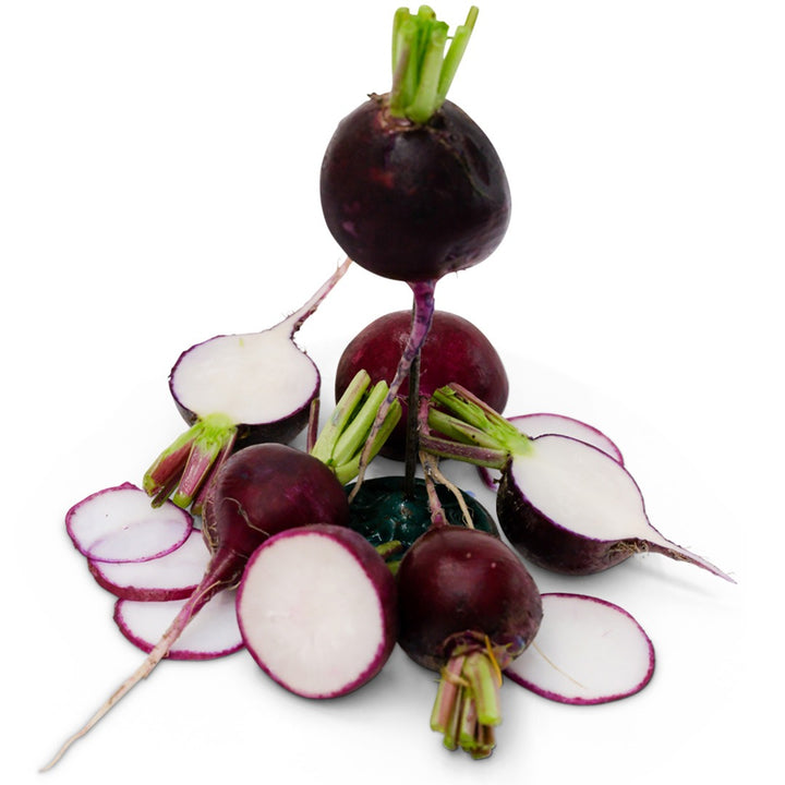 Pile of Malaga Radishes on a white background.