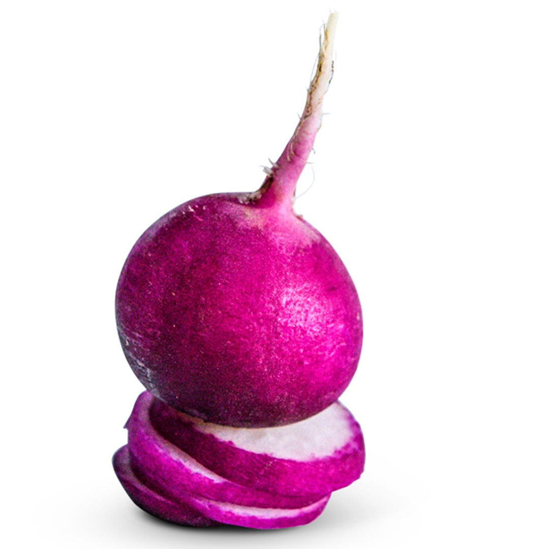 Purple Plum Radish stacked on slices of radishes on a white background.