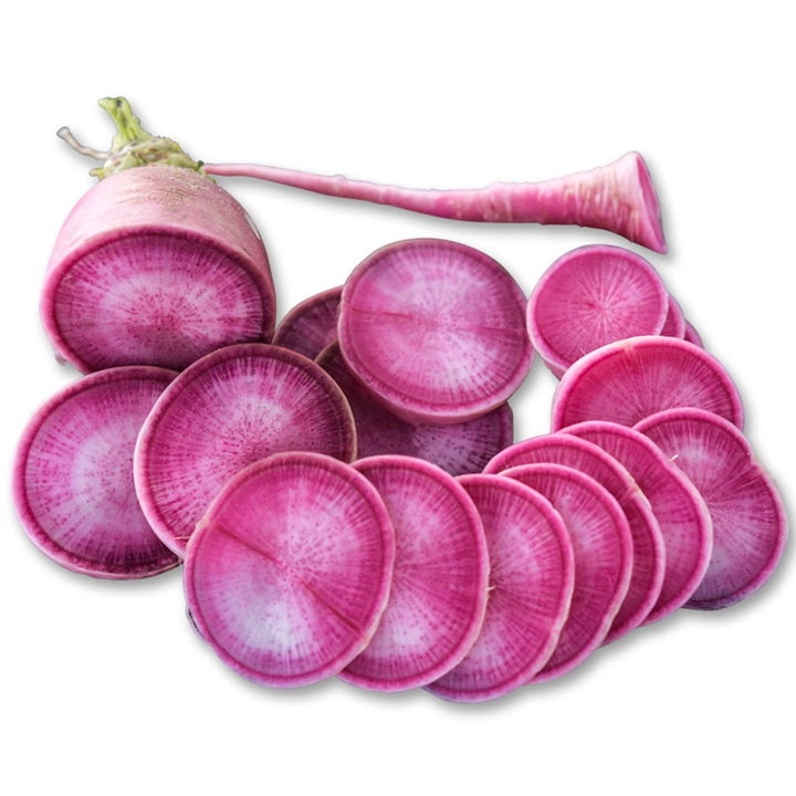Slices of Pusa Gulabi Radishes on a white background.