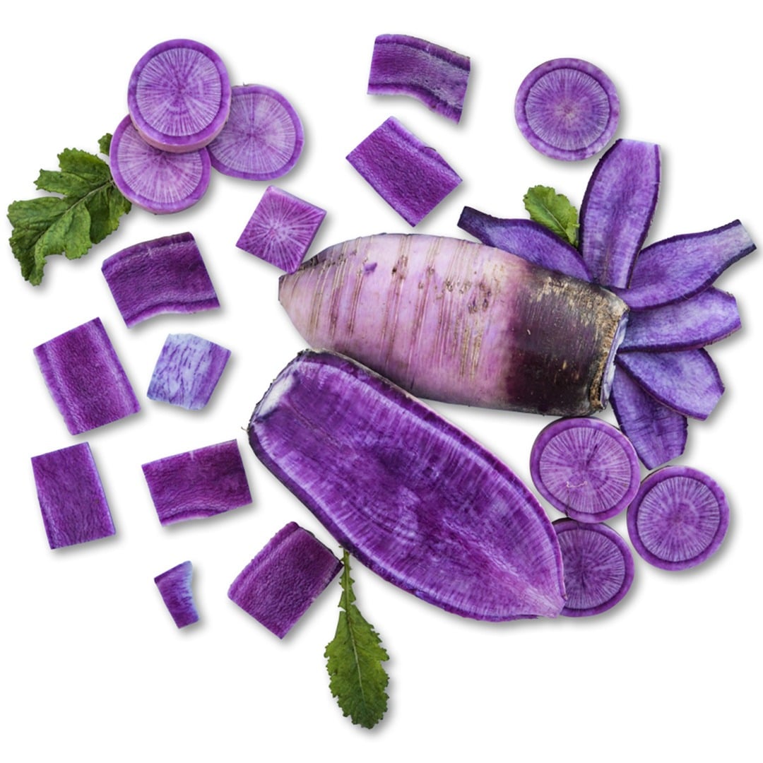 Cut Pusa Jamuni Radishes arranged on a white background.