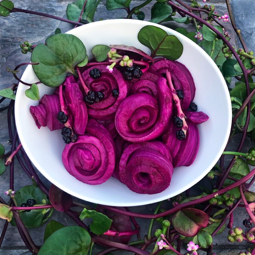 Bright red noodles dyed with Red Malabar Spinach berries surrounded by leaves on a slate background.