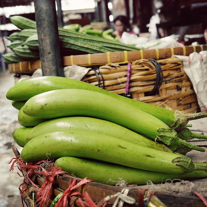 Thai Long Green, Elephant Tusk, Eggplant in market.