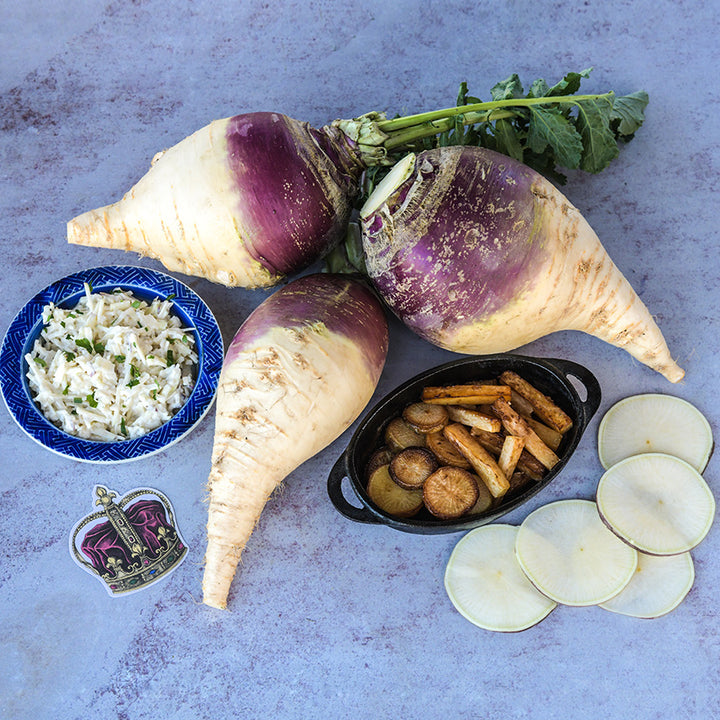 A trio of Marian Rutabagas with cole slaw and fried rutabaga on a light background.