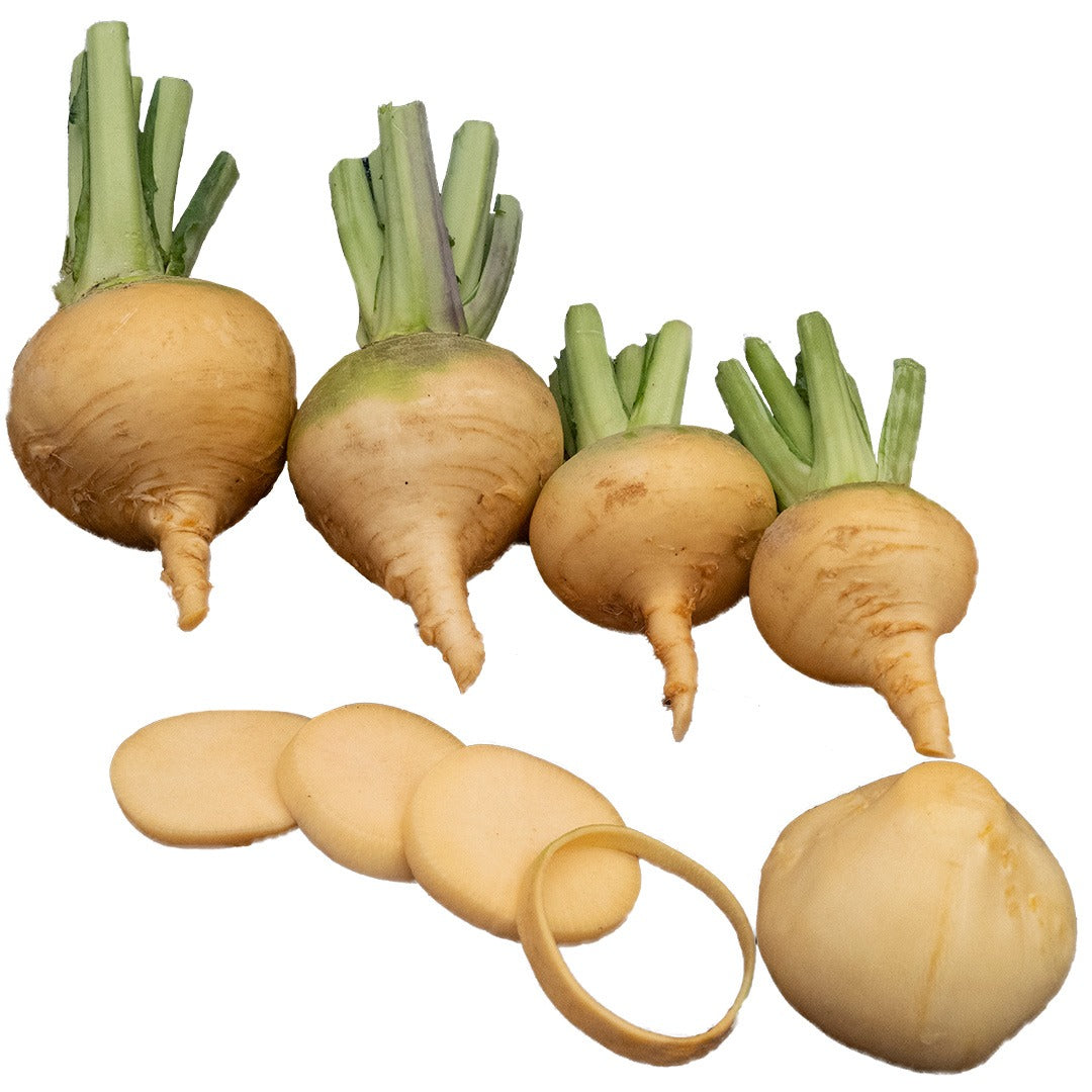Four Navone Yellow Rutabaga with slices on a white background.