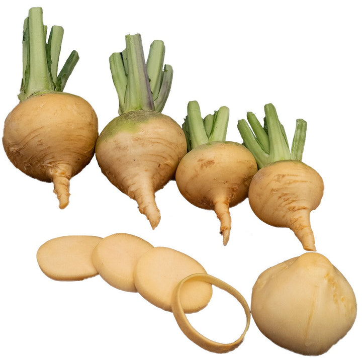 Four Navone Yellow Rutabaga with slices on a white background.