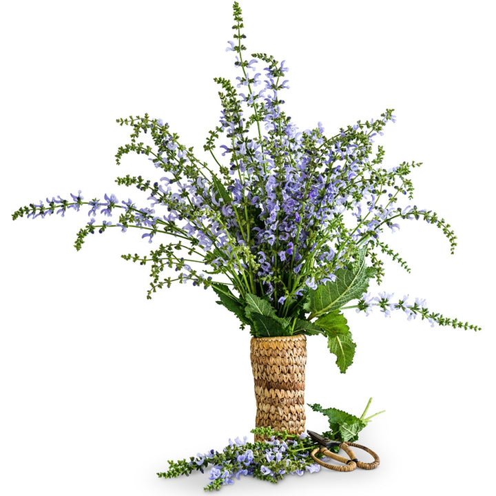 Sky Dance Salvia in a wicker basket on a white background.