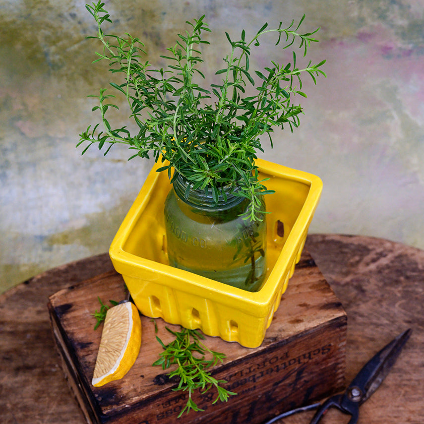 Overhead view of Lemon Savory in a mason jar inside a yellow ceramic berry dish on a wooden box.