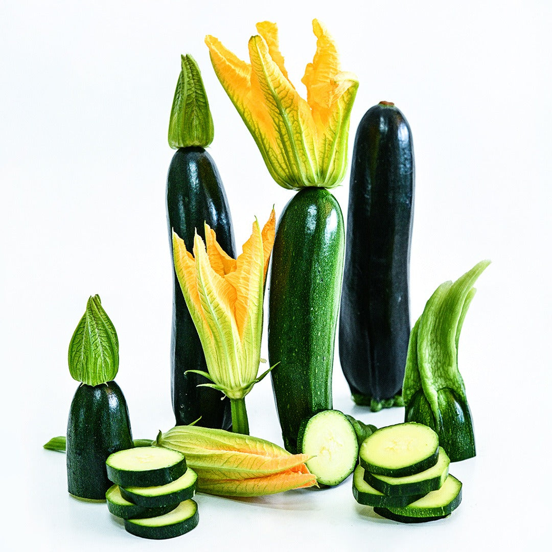 Inizia Summer Squash with blooms and slices stacked up on a white background.