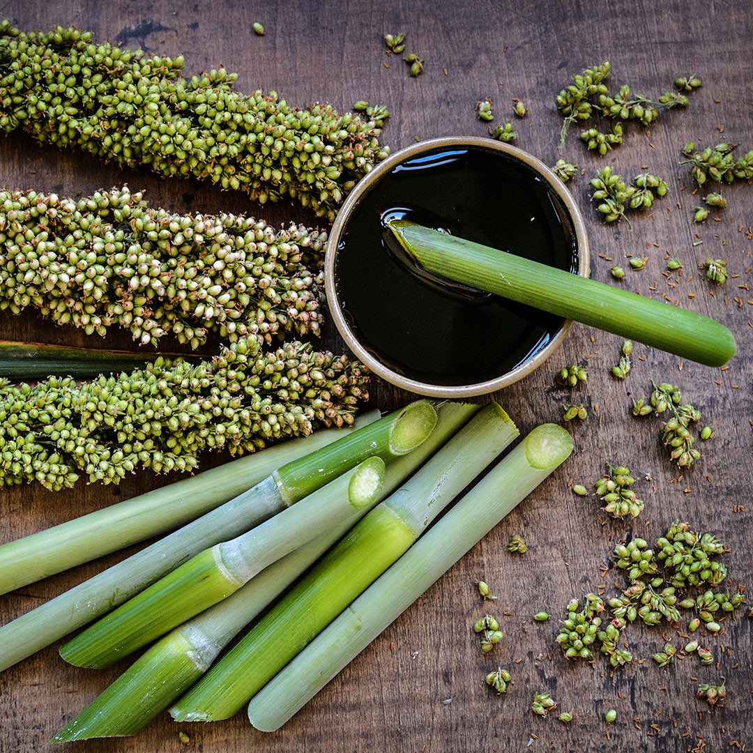 Stalks full of seeds and stems of Yellow Bonnet Sorghum with a bowl of syrup on a wood background.