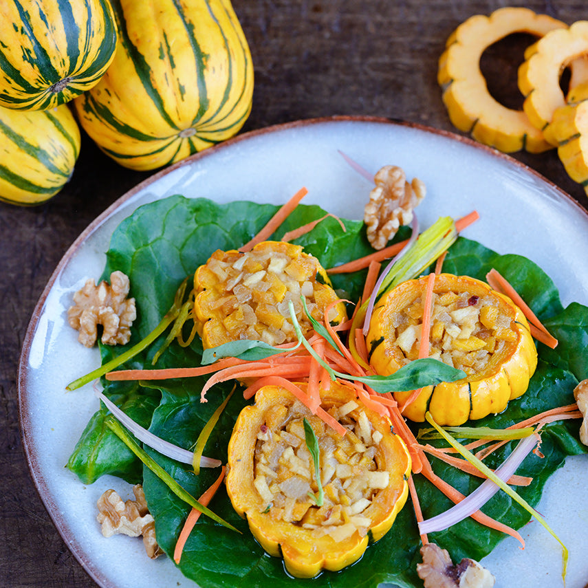 Stuffed Delicata Winter Squash arranged on plate with Whole and sliced squash in the background.