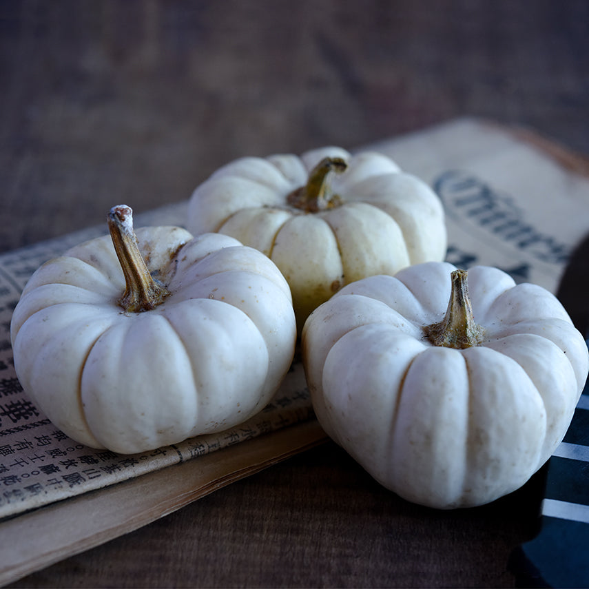 A trio of Chinese Miniature White Winter Squash resting on a Chinese newspaper.