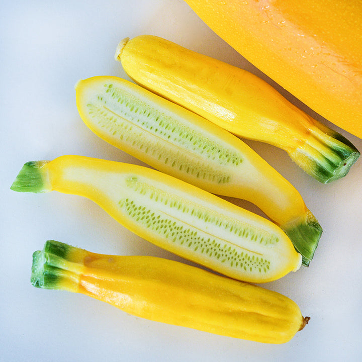Halved and whole Golden Zucchini Summer Squash on a white background.