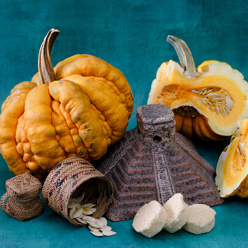 Guicoy Winter Squash with items from Central and South America on a teal blue background.
