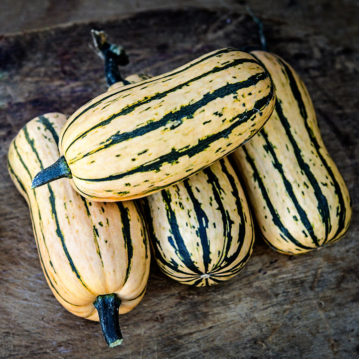 Four Honey Boat Delicata Winter Squash arranged n a wooden cutting board.