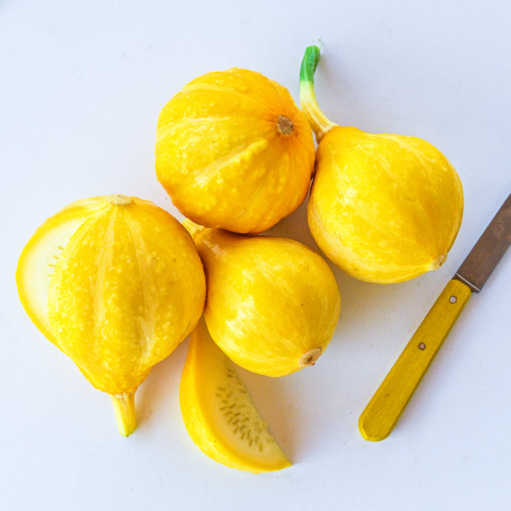 Lemon Summer Squash with a wedge cut and a yellow handled knife against a white background.